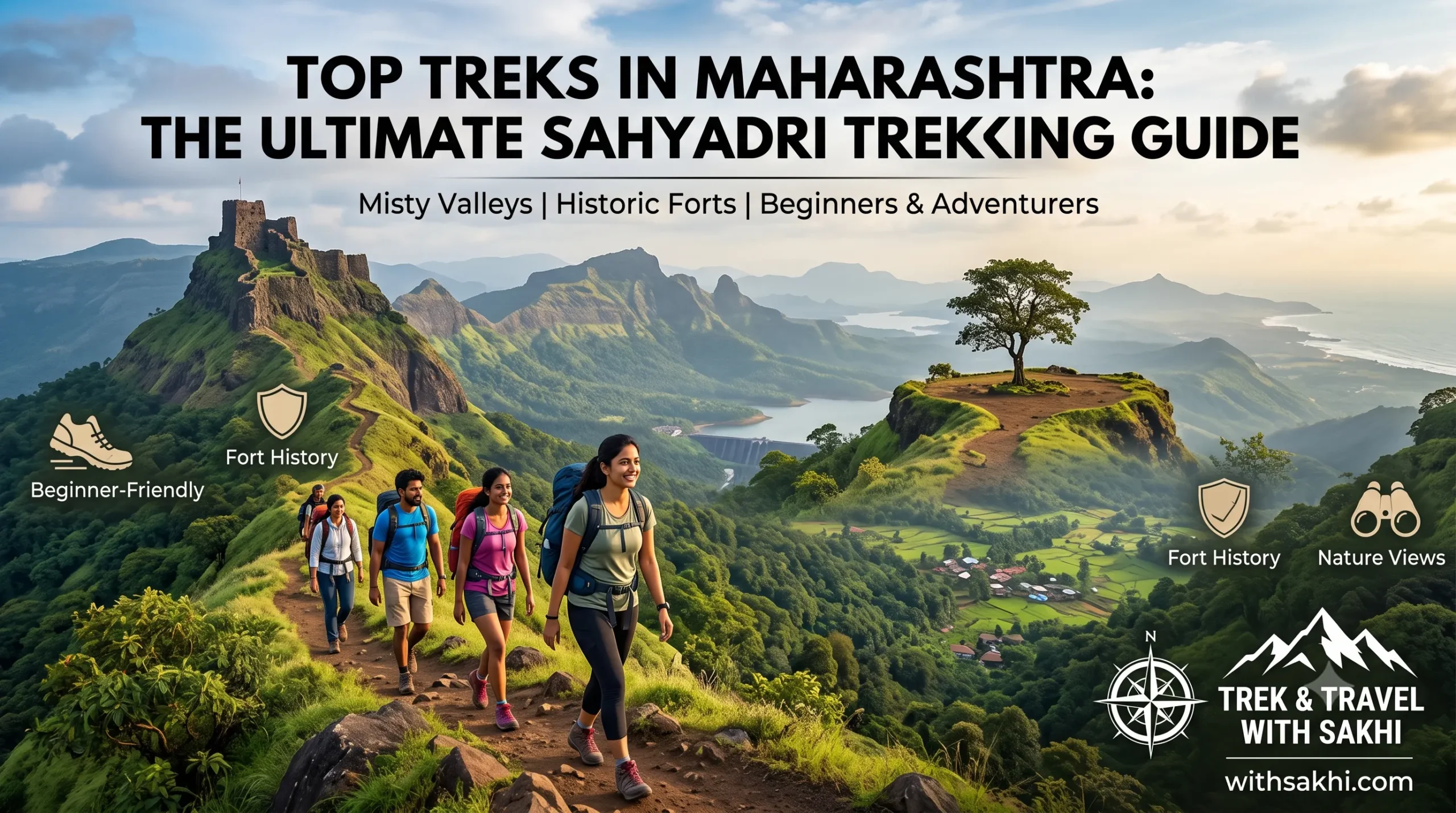 Top Treks in Maharashtra: The Ultimate Sahyadri Trekking Guide banner featuring hikers walking along a scenic ridge with views of misty green valleys, historic fort ruins, a reservoir, and the Touriko Trek & Travel logo.