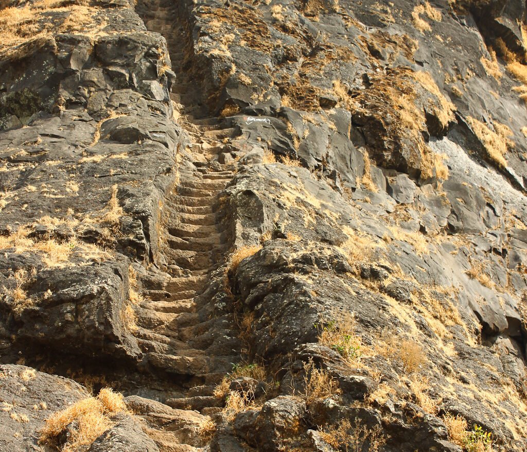 Rock-cut staircase on Harihar fort near Nashik leading to the entrance gateway