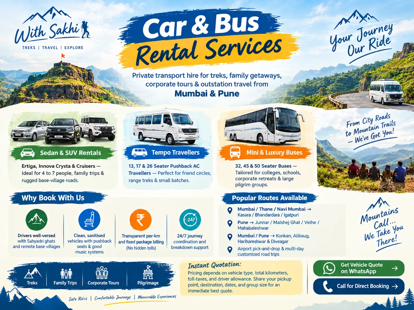 Car, tempo traveller and bus rental for treks and group trips from Mumbai and Pune - With Sakhi