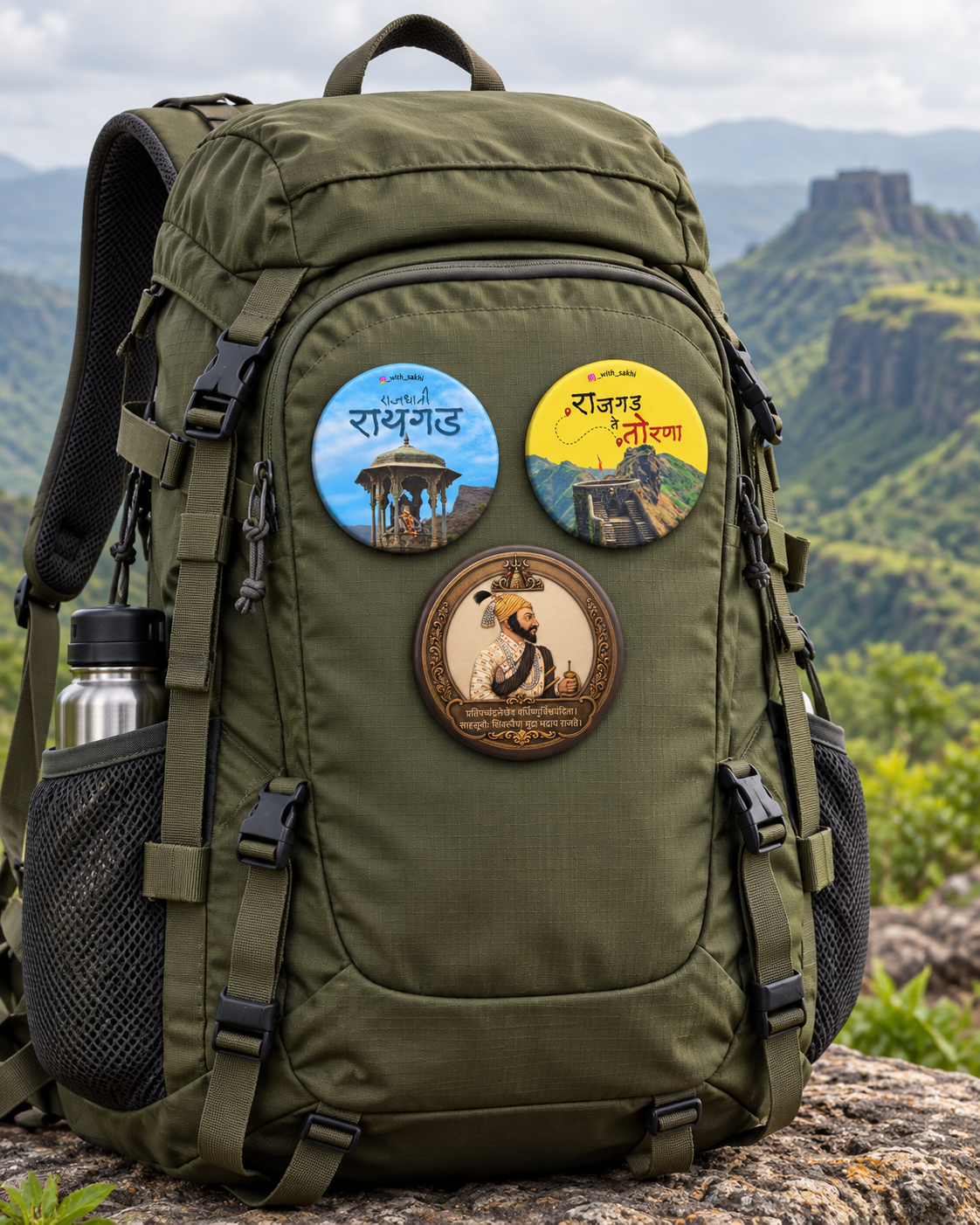Collectible trek and fort badges on a trekking bag - With Sakhi