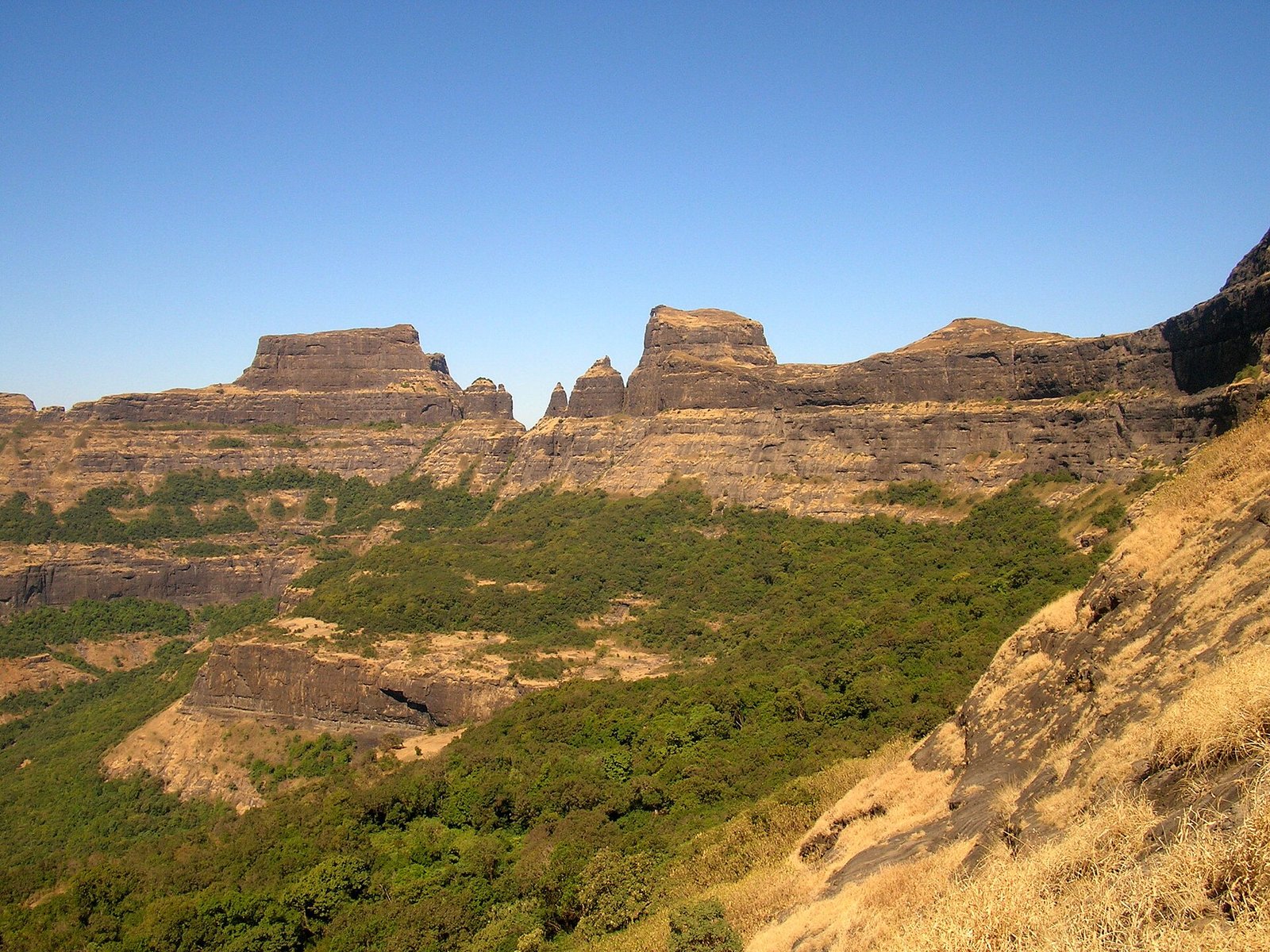 Alang, Madan and Kulang forts seen together as a rocky range in the Kalsubai range