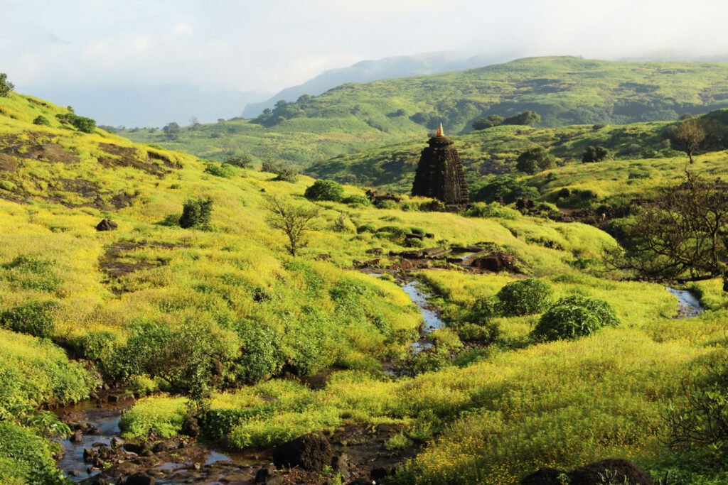 Harishchandreshwar Temple on Harishchandragad seen from the caves