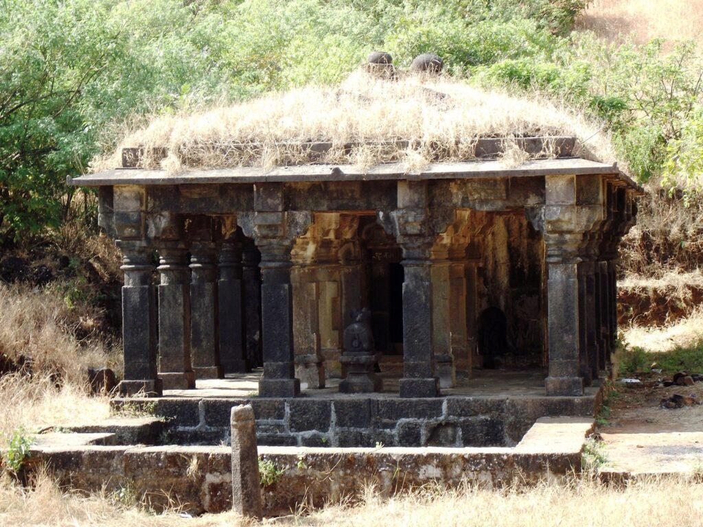 Old stone Shiv temple with carved pillars at Rajmachi village
